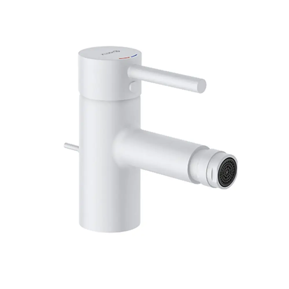 Weißer Wasserhahn von Kludi mit einem schlanken Design, einem einziehbaren Auslauf und einem Hebel zur Steuerung der Wassertemperatur.
